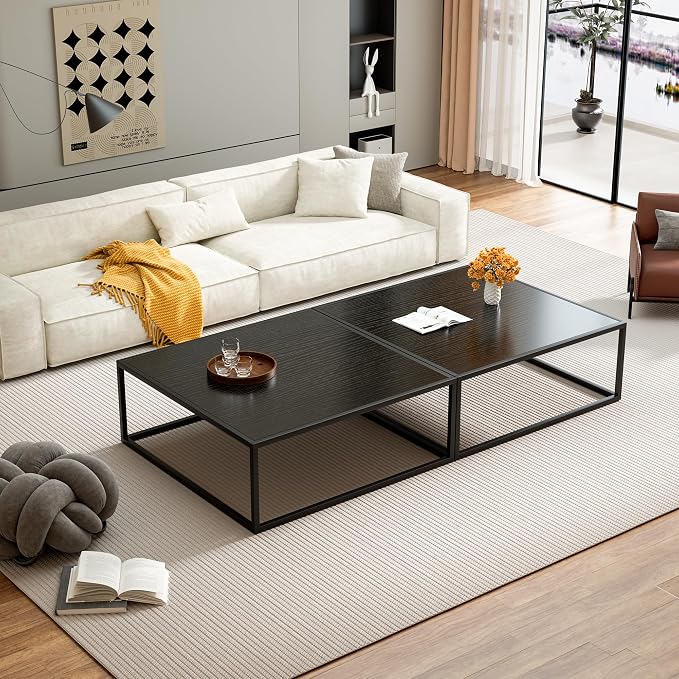 31.5" Square Coffee Table, Mid-Century Modern Black Center Table for Living Room, Floor Table for Sitting on The Floor, Wood Cocktail Tea Contemporary Tables with Metal Frame for Office Apartment Home