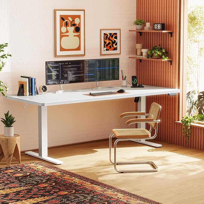 Huuger 71 X 30 Inch Electric Standing Desk with Power Outlets and USB-C Port, Height Adjustable Desk, Sit Stand Desk for Home Office, Computer & Gaming Desk with 4 Presets, Stable Steel Frame, White