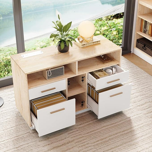 ModernMate 4 Drawer File Cabinet, Wood Filing Cabinet for Home Office with Lock, Power Strip, Storage Shelves, Home Office Lateral File Storage Fits Legal/Letter Size, Light Walnut