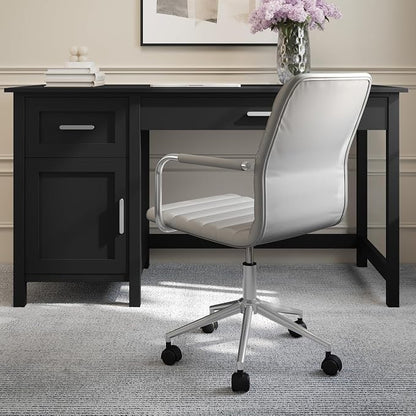 Martha Stewart Taytum Swivel Task Chair with Armrests for Home Office in Gray Faux Leather with Polished Nickel Frame