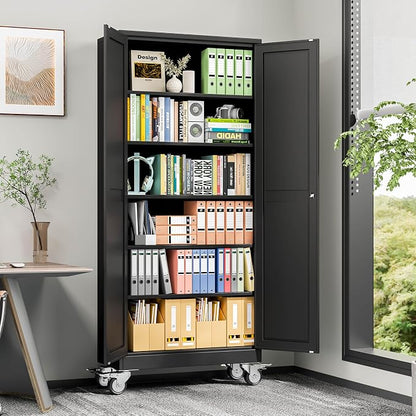 winiowa 75" Tall Metal Garage Storage Cabinet with Wheels, Steel Locking Rolling Tool Cabinet with 5 Adjustable Shelves for Garage,Home,Office (Black)