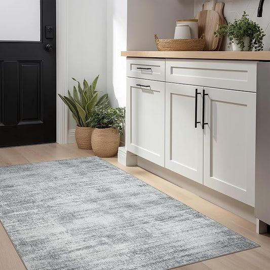 BILEEHOME Light Grey Modern Rug for Bedroom 3x5 Minimalist Abstract Style Low Pile Floor Carpet Non Slip Washable 3 x 5 Area Rug for Kitchen Laundry Room Entryway Gray