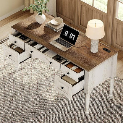 WAMPAT Home Office Furniture Set, 56" Executive Desk with Charging Station, 72" Tall Bookcase with 4 Glass Doors, Wood Computer Desk with File Cabinet Storage, Open Shelf, Rustic White