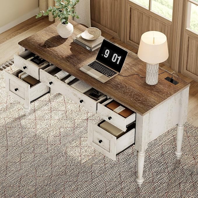 WAMPAT Home Office Furniture Set, 56" Executive Desk with Charging Station, 72" Tall Bookcase with 3 Drawers, Wood Computer Desk with File Cabinet, Open Shelf, Rustic White