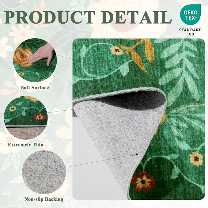 DUKINO 2x4 Rug for Entryway, Washable Kitchen Floral Runner Rug with Non Slip Backing, Low Pile Soft Boho Carpet for Kitchen, Hallway, Entryway, Laundry, Bedroom, Dark Green