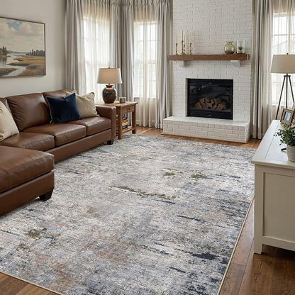 DMOYEST Area Rug Living Room Rugs - 6x9 Washable Large Soft Indoor Neutral Modern Abstract Low Pile Rug Carpet for Bedroom Dining Room Farmhouse Home Office - Blue/Grey/Brown