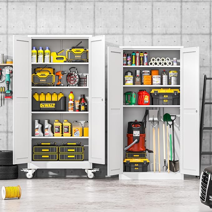 winiowa 71" Tall Metal Garage Storage Cabinet with Wheels, Steel Locking Rolling Tool Cabinet with 4 Adjustable Shelves for Garage,Home,Office (White)