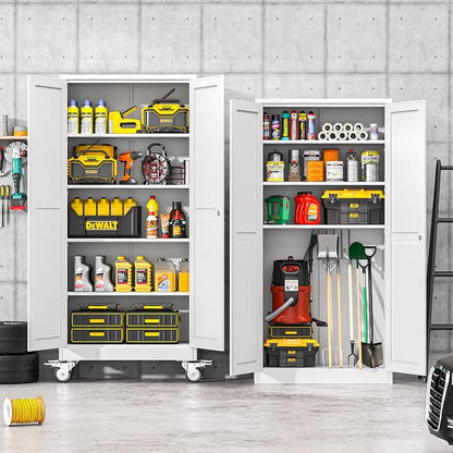 winiowa 71" Tall Metal Garage Storage Cabinet with Wheels, Steel Locking Rolling Tool Cabinet with 4 Adjustable Shelves for Garage,Home,Office (White)