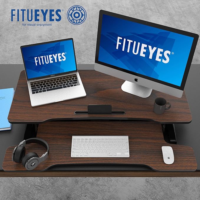 FITUEYES Height Adjustable Standing Desk 36” Wide Sit to Stand Converter Stand Up Desk Tabletop Workstation for Laptops Dual Monitor Riser Brown SD309102WE