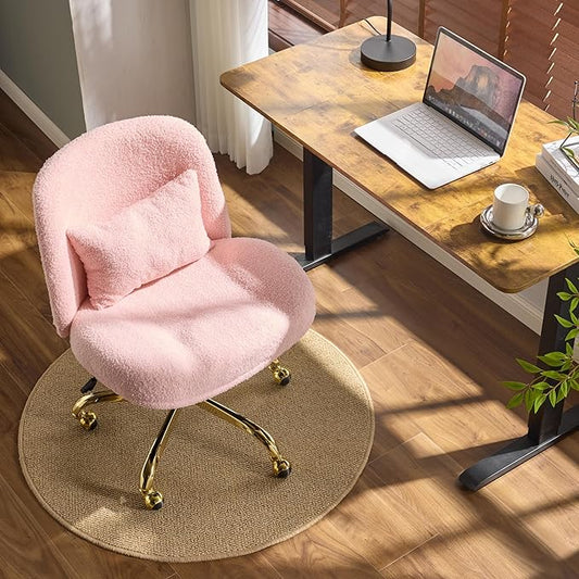 VINGLI Wide Criss Cross Legged Office Chair,Buttprint Ergonomic Desk Chair Comfy with Pillow&Gold Base,Dual-Use with/no Wheels,Adjustable Vanity Swivel Chair for Bedroom,Home Office,Teddy Fleece,Pink