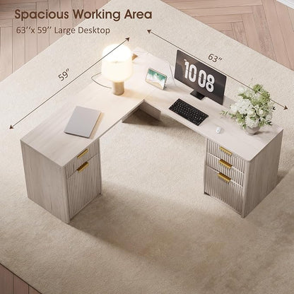 Whalefall 63'' Fluted L Shaped Desk with Drawers, White Alder | Corner Computer Desk with Charging Station, Modern Executive Home Office L Desk with File Cabinet Storage