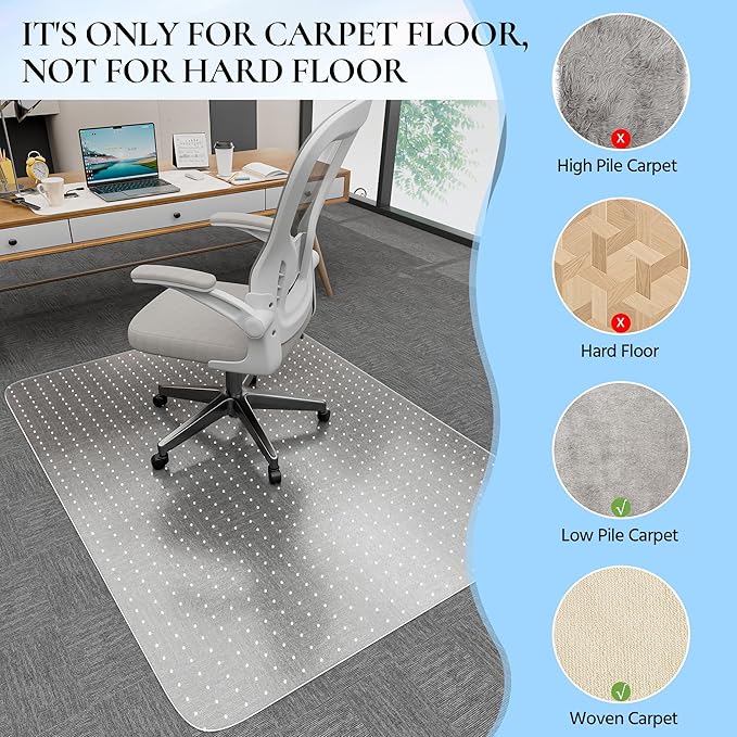 Office Chair Mat, 30" x 48" Transparent Office Desk Chair Mat for Carpeted Floors, Studded Carpet Floors Protector Mat for Home & Offices