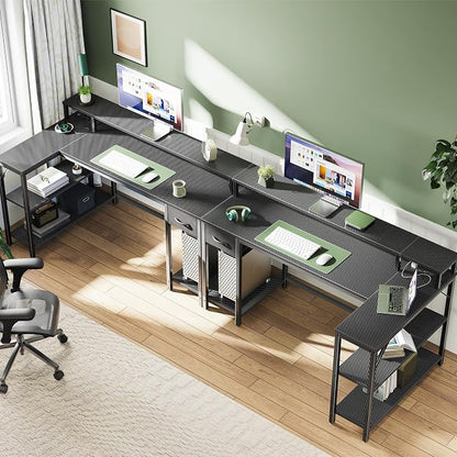 SUPERJARE 53 inch Reversible L Shaped Desk with LED Lights & Power Outlets, Computer Desk with Shelves & Monitor Stand, Gaming Desk with Drawer, Home Office Desk, Carbon Fiber Black