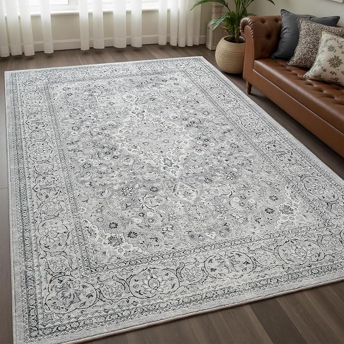 Goideal Washable Rug 5x7, Gray Area Rugs Non Slip, Indoor Low Pile Carpet with Rubber Backing for Living Room Kitchen Bathroom Entryway Office Bedroom