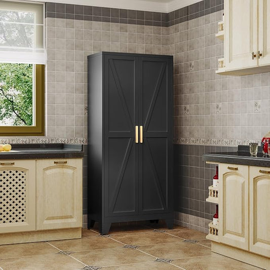 QINPTWUT 61" Metal Storage Cabinet, 4-Tier Kitchen Pantry with 3 Adjustable Shelves, Farmhouse Design Freestanding Cupboard for Kitchen, Bathroom, Laundry, Garage, Black