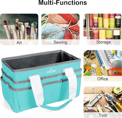 JJRING Craft Organizer Tote Bag, Art Storage Caddy with Multiple Pockets, Sky Blue Sewing Bag for Art, Craft, Scrapbooking, School, Medical, and Office Supplies Storage