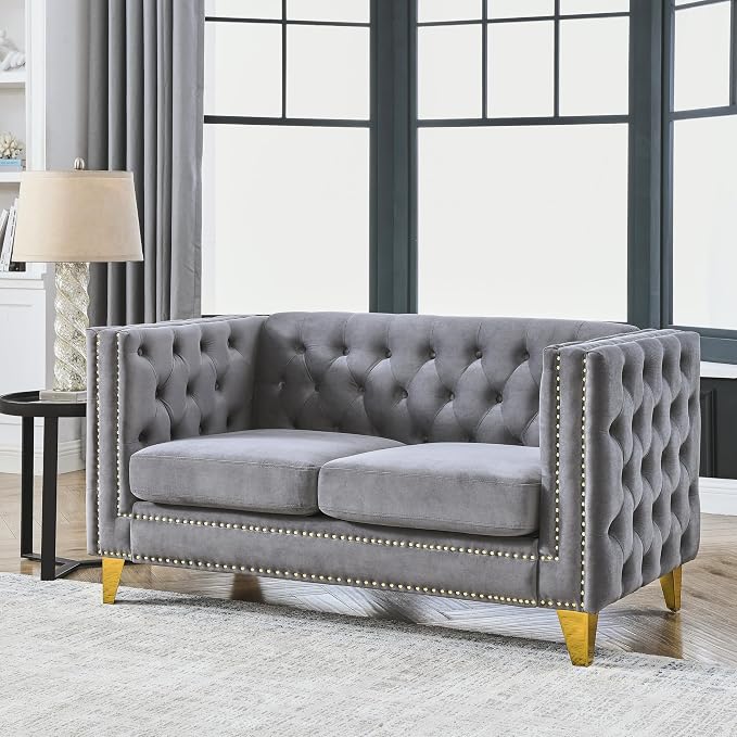mikibama 58" Velvet Loveseat Sofa Couch for Living Room,Button Tufted 2 Seater Couches with Nailhead Trims,Modern Upholstered 2-seat Sofas with Golden Metal Legs for Bedrooom,Office