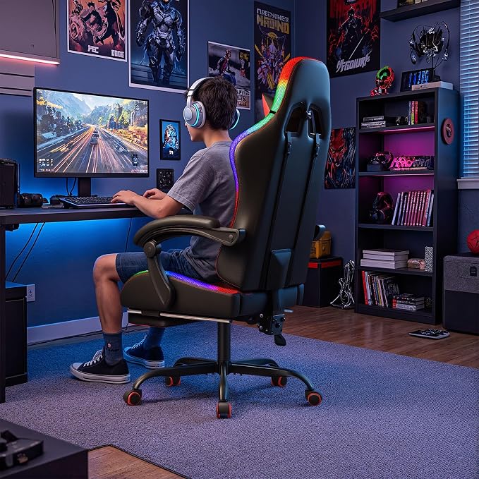 Homall Gaming Chair, Video Game Chair with Footrest and Massage Lumbar Support, Ergonomic Computer Chair Height Adjustable with Swivel Seat and Headrest (RGB Red)