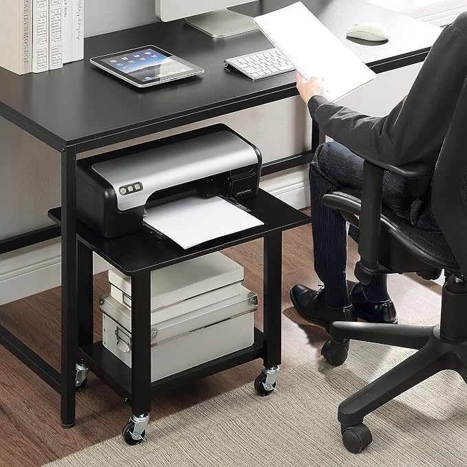 SunnyPoint 2-Tier Under Desk Printer Stand with Storage Shelf and Steel Frame, Industrial Mobile Printer Cart Holder with Lockable Improved Industrial Wheels for Home and Office (BLK)