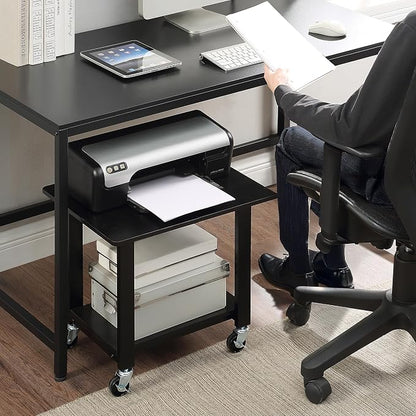 SunnyPoint 2-Tier Under Desk Printer Stand with Storage Shelf and Steel Frame, Industrial Mobile Printer Cart Holder with Lockable Improved Industrial Wheels for Home and Office (BLK)