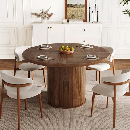 47 inch Round Dining Table for 4-6, Dinner Table with 2-Layer Storage Shelf, Morden Circle Kitchen Table with Wooden Strip Base and Wood Slide Door for Home Dining Room, Living Room, Walnut