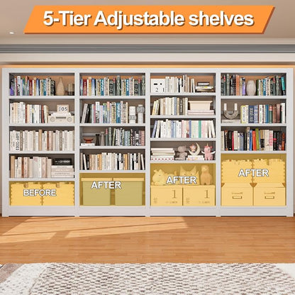 Industrial 5-Tier White Metal Bookshelf - Tall Freestanding Organizer for Living Room, Bedroom & Home Office