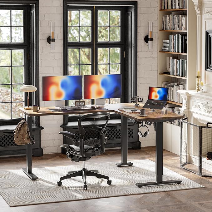 TIQLAB 63 x 55 inch L Shaped Standing Desk Adjustable Height, Electric Corner Standing Desk, Sit Stand Computer Table with Splice Board, Rustic Brown
