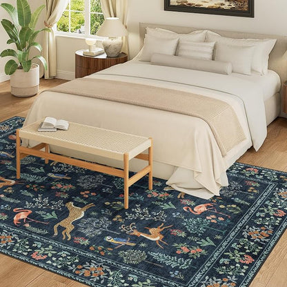 DUKINO 8x10 Rug, Washable Animal Living Room Rug with Non Slip Vintage Design, Soft Low Pile Large Carpet for Bedroom, Nursery, Dining Room, Farmhouse, Playroom, Navy Blue