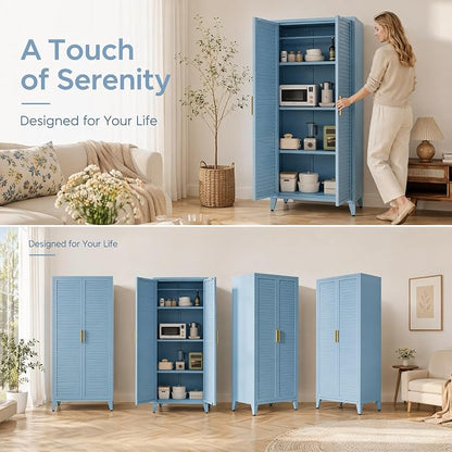 61" Tall Metal Pantry Cabinet with Lock and 3 Adjustable Shelves,Freestanding Heavy Duty steel Storage Locker,Blue Metal Cabinets for Kitchen,Living Room,Laundry,Garage,61" H X 27.6" W X 13.8" D