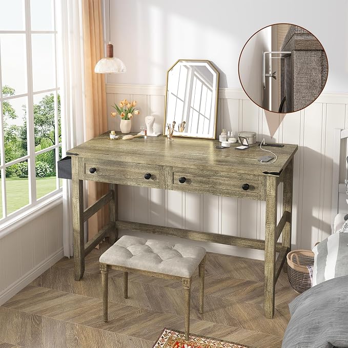 EnHomee 40" Small Desk with Power Outlets, Computer Desk with 2 Drawers for Bedroom and Home Office, Writing Desk with a Side Pocket, Vanity Desks for Bedroom, Dark Rustic Oak