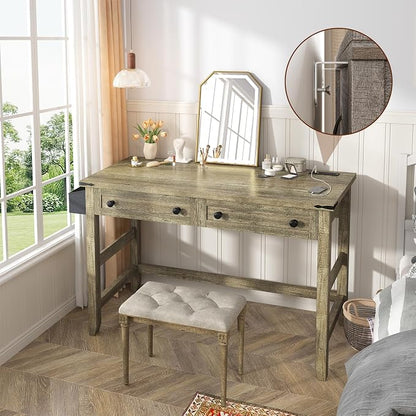 EnHomee 40" Small Desk with Power Outlets, Computer Desk with 2 Drawers for Bedroom and Home Office, Writing Desk with a Side Pocket, Vanity Desks for Bedroom, Dark Rustic Oak