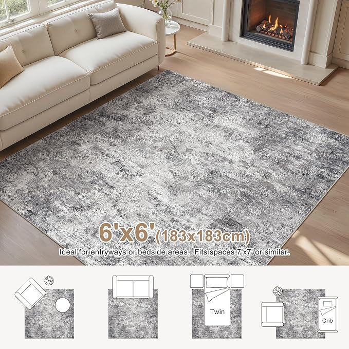 UERMEI Square Area Rugs : Washable 6x6 Neutral Modern Abstract Carpet for Living Room Bedroom - Soft Floor Mat with Non Slip Backing for Kitchen Nursery Dorms Farmhouse Home Decor - Grey