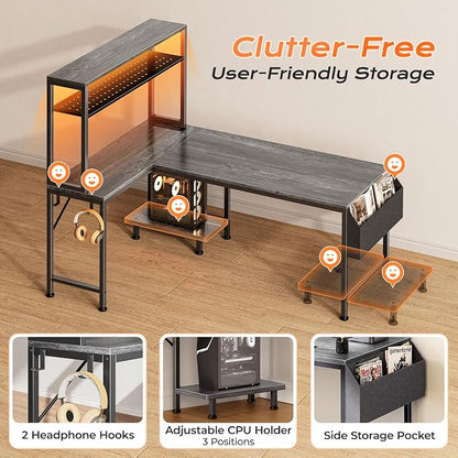 PRAISUN L Shaped Gaming Desk with LED Lights & Power Outlets, Reversible Computer Desk with Storage Shelves & Bag, Large Corner Home Office Desk with Pegboard for Work from Home, Grey
