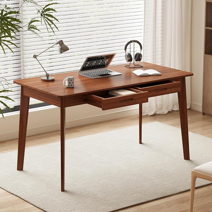 Timechee 47 Inch Compact Computer Gaming Desk, Study Work Office Desk with 2 Storage Drawers, Rectangular Study Reading Table, Simple Computer Writing Table for Home Office, Living Room,Walnut Color