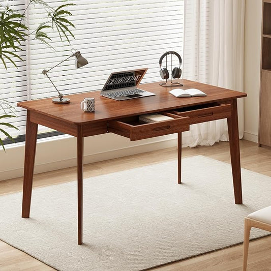 Timechee 47 Inch Compact Computer Gaming Desk, Study Work Office Desk with 2 Storage Drawers, Rectangular Study Reading Table, Simple Computer Writing Table for Home Office, Living Room,Walnut Color