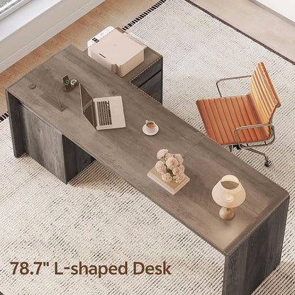 Mid-Century Modern 78" L-Shaped Executive Desk with Independent Mobile File Cabinet, Large Home Office Desk with Drawers and 4 AC + 2 USB Power Outlets, Waterfall Edge Design, Grey Oak
