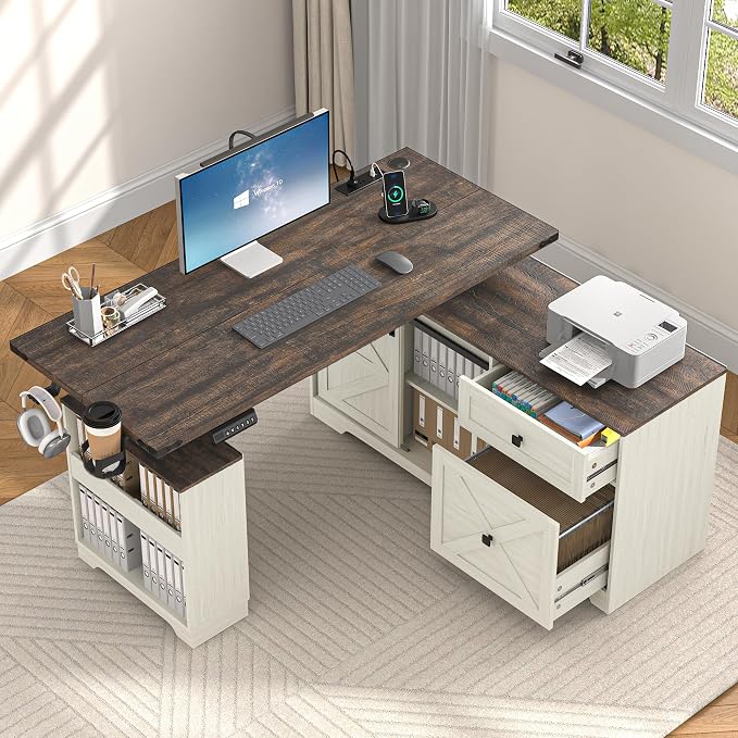 St.Mandyu 55" L Shaped Electric Standing Desk with File Drawer & Sliding Door, Height Adjustable Sit Stand Corner Computer Desk with Power Outlets, Drawers & Cup Holder for Home Office, White