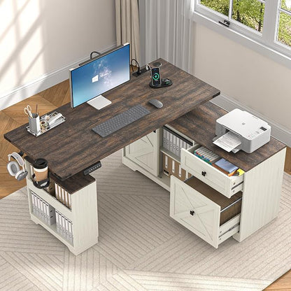 St.Mandyu 55" L Shaped Electric Standing Desk with File Drawer & Sliding Door, Height Adjustable Sit Stand Corner Computer Desk with Power Outlets, Drawers & Cup Holder for Home Office, White