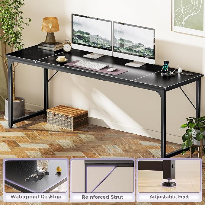 PRAISUN 80 X 24 Inch Office Computer Desk with Power Outlets and USB-C Port, Larger and Longer Gaming Desk, for Home Office, Study, Writing Work from Home Table, Metal Frame, Black