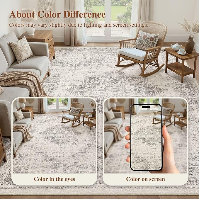 UERMEI 8x10 Area Rug Living Room Rugs - Washable Vintage Soft Large Rug Indoor Floor No Slip Rug Carpet for Bedroom Farmhouse Under Dining Table Home Office Decor - Beige/Camel