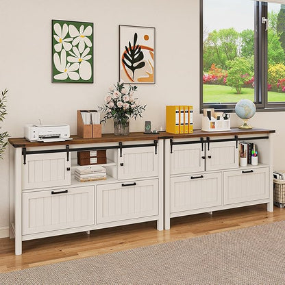 2 Drawer Lateral File Cabinet with Outlets & Charging Station for Files Letter/FC/A4, Farmhouse Filing Cabinets for Home Office Storage, Wooden Print Stand, 46.4" Wide, Antique White