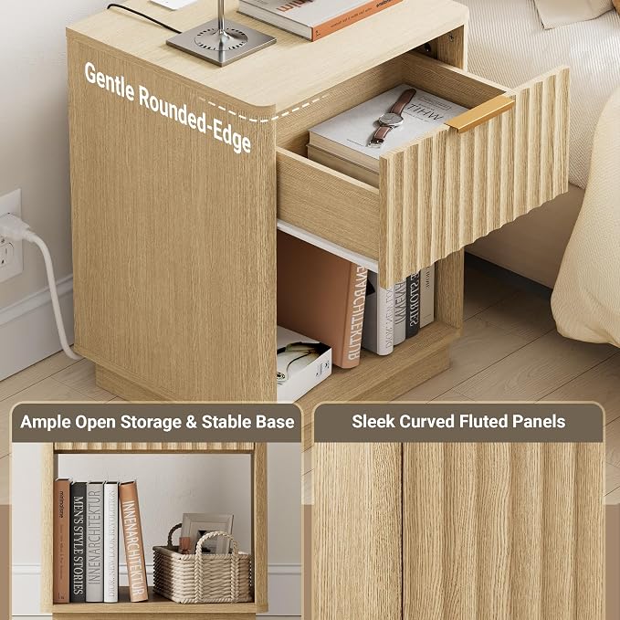 Fluted Nightstand, Night Stand Set 2, 23" Wide Nightstands Set of 2 with Charging Station, Large Wooden End Table with Drawer, Modern Bedside Table for Bedroom, Curved Corners, Natural Oak