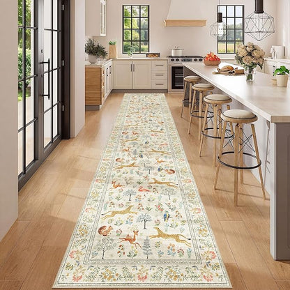 DUKINO 2.6x12 Hallway Runner Rug, Vintage Washable Long Kitchen Rug with Non Slip Backing, Stain Resistant & Low Pile Animal Print Floor Carpet for Indoor Entrance Bathroom, Laundry, Bedroom, Beige