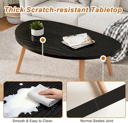 Coffee Table Low Table with Solid Wood Legs, 31.5x19.7 Large Coffee Table Side Table, Floor Table Desk for Sitting on The Floor, Living Room Furniture for Office Apartment Home, Pebble-Black
