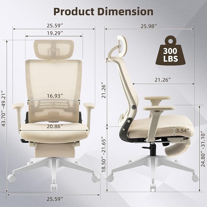 Foldable Office Chair with Foot Rest, Ergonomic Office Chair with Adjustable Lumbar Support, Headrest, Armrest, Home Office Desk Chair for Space Saving, Work from Home, Cream