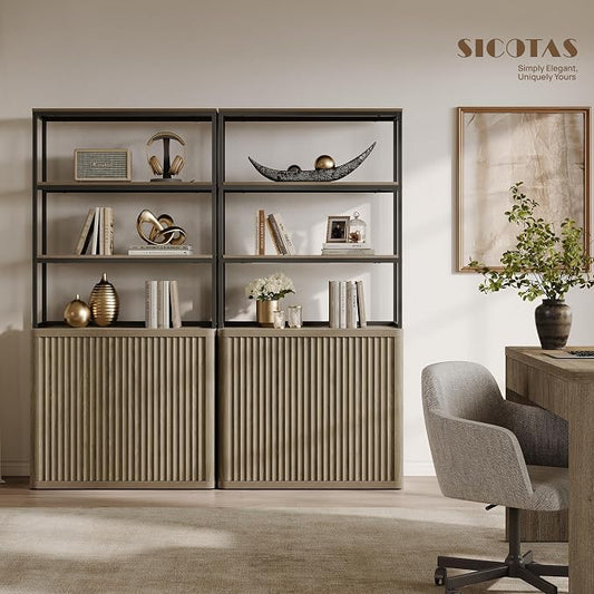 SICOTAS Book Shelf Fluted Bookshelf 71" Tall Bookcase with Doors Storage 5 Tier Mid Century Modern Bookshelves Large Shelves Metal Book Cases for Living Room Office Kitchen Library
