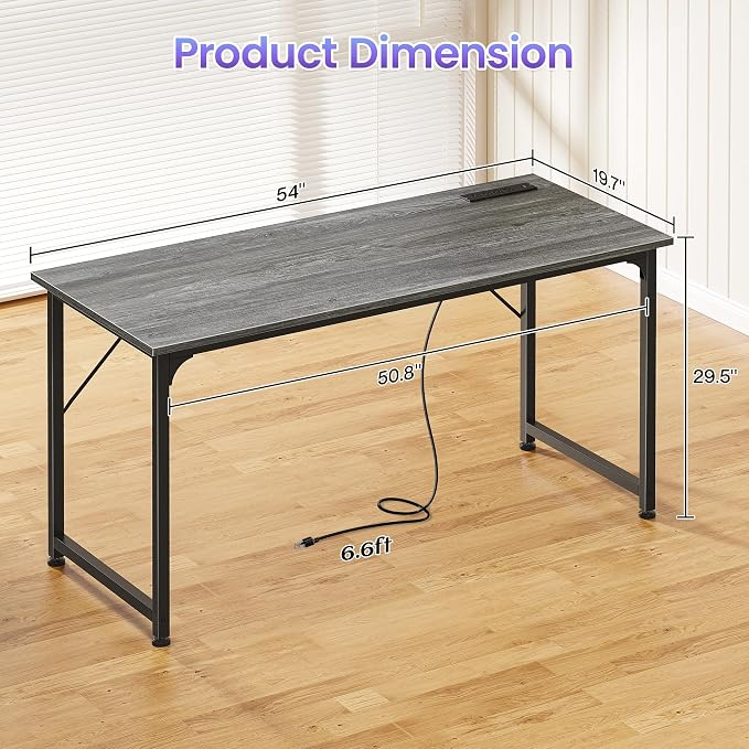 PRAISUN 55 X 20 Inch Office Computer Desk with Power Outlets and USB-C Port, Larger and Longer Gaming Desk, for Home Office, Study, Bedroom, Writing Work from Home Table, Metal Frame, Grey