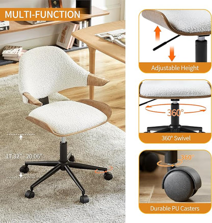 Art Leon Swivel Desk Chairs, Set of 2, Mid Century Modern Office Chairs with Wheels, Boucle Fabric Upholstered Armchairs, Adjustable Height Task Chairs with Metal Base, Washed Oak Bentwood, White
