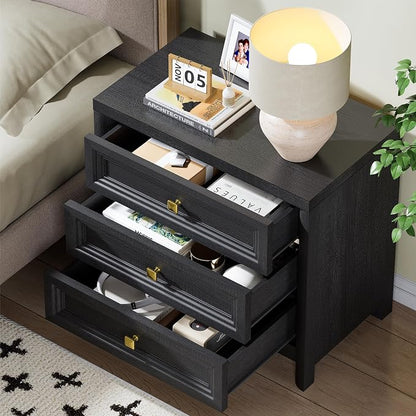 Standifurno Farmhouse Black Nightstand with 3 Drawers, Rustic Bedside Table with Storage, Large Bed Side Table for Bedroom Living Room Home Office Furniture 24.8” Tall Nightstand with Gold Knobs