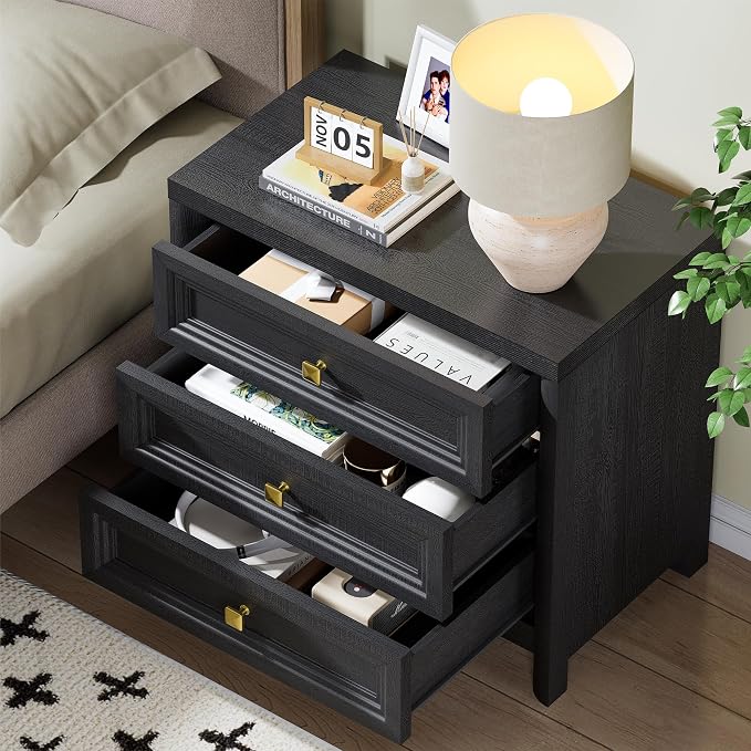 Black Night Stand Set of 2, Farmhouse Nightstand with 3 Drawers, 24.8” Tall Nightstand with Gold Knobs, Wood Bedside Table for Bedroom, Modern End Table for Living Room Office